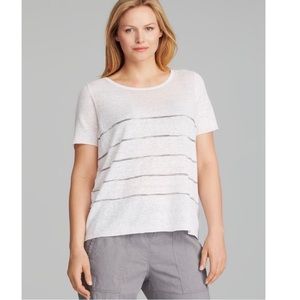 Eileen Fisher White Ribbed Striped Short Sleeve Round Neck Sweater Size 3X